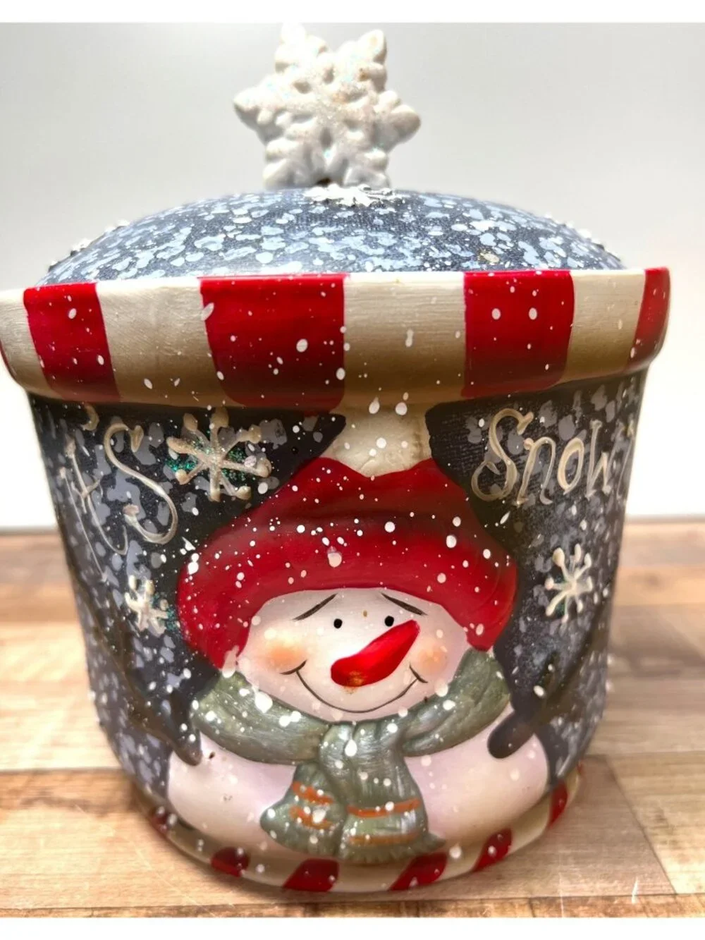 Whimsical Winter Snowman Ceramic Storage Canister With Decorative Lid